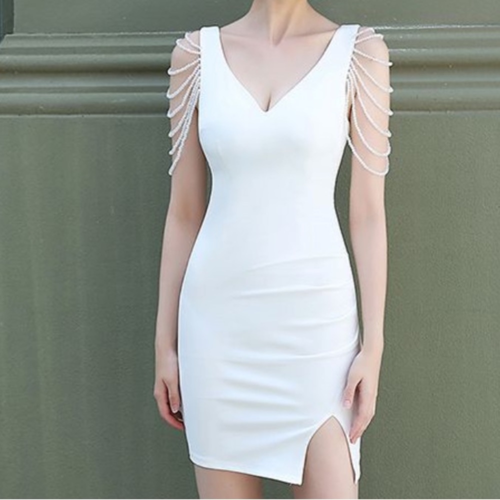 Chicwish white beaded sleeve mini dress. NWT